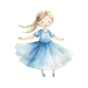  Little Princess Girl Blue - Cute Hand Painted Style - Childish Watercolor Drawing - Fairy Tale Fantasy - Generative AI