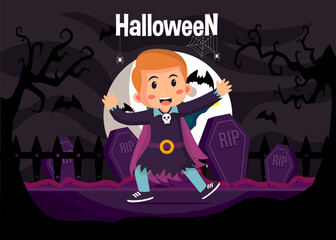 Kids halloween vector illustration in Vampire costume. halloween party poster or invitation vector template. Vector eps 10