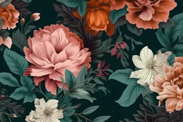 Behang Trendy pattern with colorful flowers and leaves, great design for any purposes. Floral seamless pattern. Vintage botanical 3d illustration for printing fabric, wrapping paper, packaging © Kien
