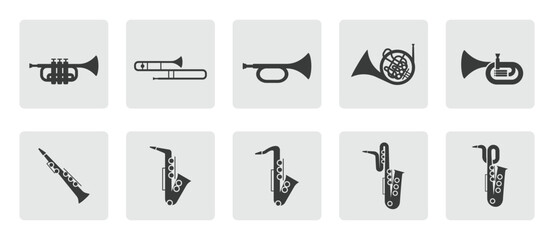 Brass instruments icon set. Trumpet, trombone, tuba, bugle, saxophone, French horn silhouette sign icon symbol pictogram vector illustration - obrazy, fototapety, plakaty