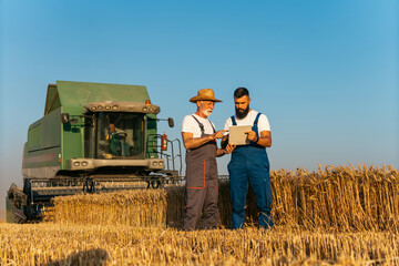 Grandfather and a grandson standing in wheat field and conversation about harvest. They using...