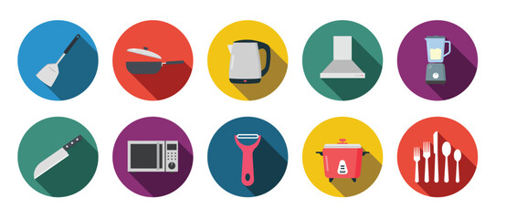 Vector set of Kitchen flat icons with long shadows. Spatula, frying pan, kettle, kitchen hood, blender, knife, microwave, peeler, multicooker, cutlery flat illustration. Kitchen and cooking concept