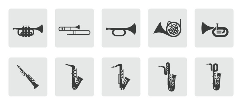 Brass instruments icon set. Trumpet, trombone, tuba, bugle, saxophone, French horn silhouette sign icon symbol pictogram vector illustration
