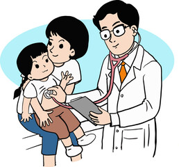 Professional doctor consulting mother and baby He is checking his heartbeat.