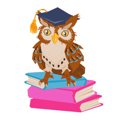 Obraz premium Owl character of student or professor sitting on books, flat vector illustration isolated on white. Owl on educational and school topics, design of timetable of lessons and diplomas of education.