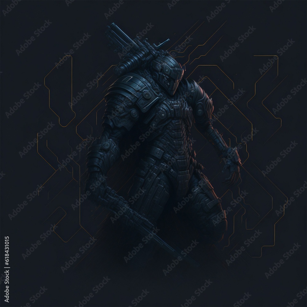 Poster ai generated futuristic robot with weapon standing on dark background