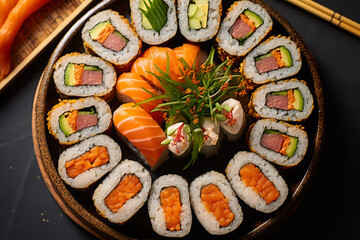 Close-up top view of ingredients sushi, Japanese food. AI Generated.