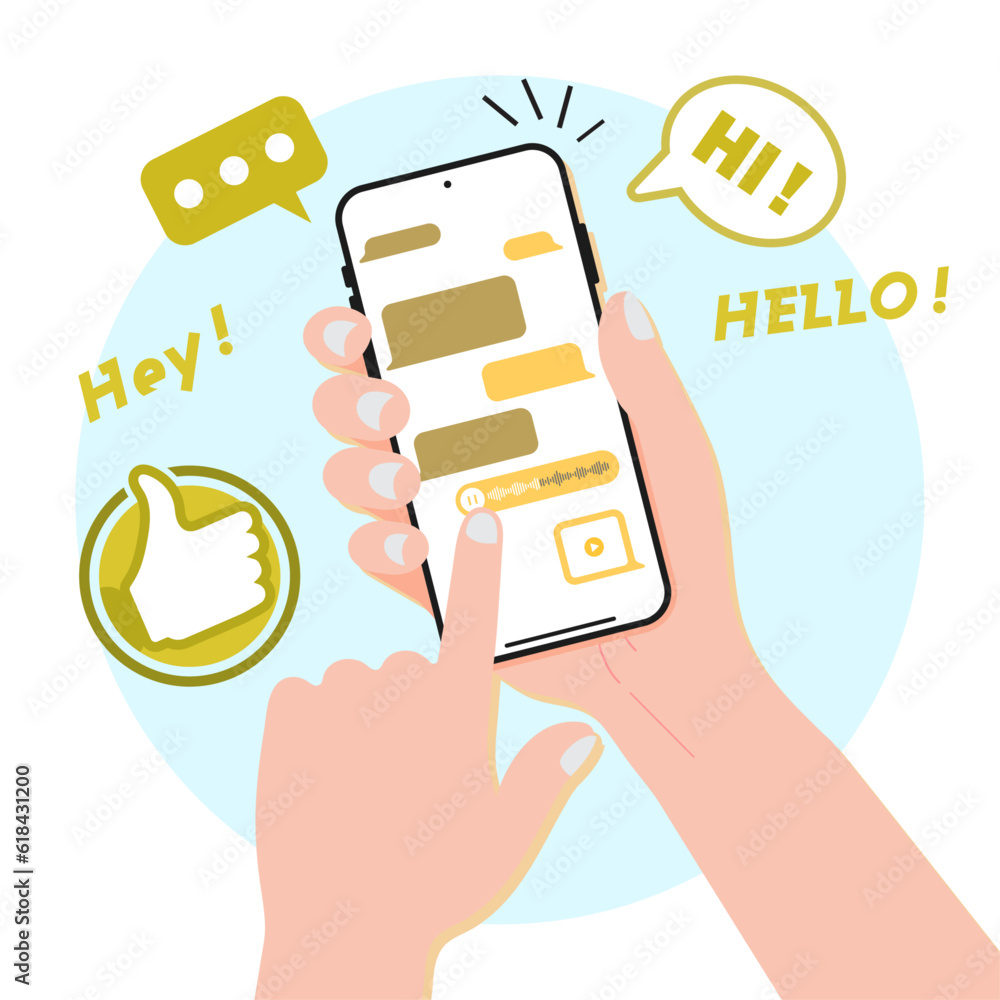 Poster human holding a mobile smartphone and engaging in conversations with friends while sending messages,