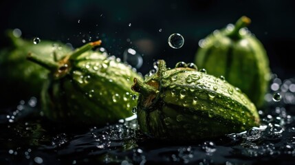 Cucumber hit by splashes of water with black blur background