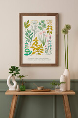 Spring composition of living room interior with mock up poster frame, wooden consola, beige vase...