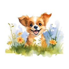 Watercolor cute little dog on meadow. Happy farm animal illustration. Generative AI