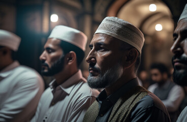 Prayer, islam and worship with people in mosque for god, holy quran and spirituality. Praying, ai generated and Islamic with men and muslim traditions for faith, mindful and Ramadan kareem