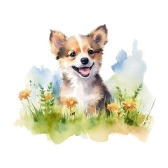 Watercolor cute little dog on meadow. Happy farm animal illustration. Generative AI