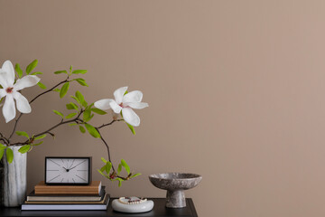 Minimalist composition of living room interior with copy space, black rack, brown wall, clock, vase...