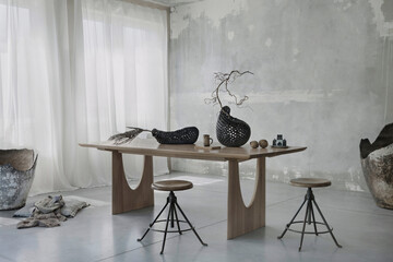 Minimalist composition of japandi dining room interior with wooden table, concrete wall, round...