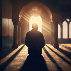 Prayer, islam and worship with man in mosque for god, holy quran and spirituality. Praying, ai generated and Islamic with person in Muslim pray traditions for faith, mindfulness and Ramadan kareem - obrazy, fototapety, plakaty