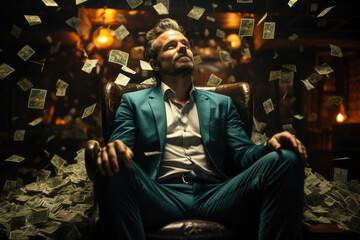 Obraz premium Millionaire's Success. Businessman Making Money Rain While Seated. AI Generative
