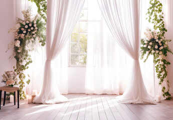 Beautiful interior of wedding with big window and flowers. Generative AI