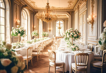 Fototapeta na wymiar Wedding Banquet hall decorated with flowers and greenery. Generative AI 