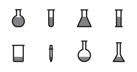 Test tube flat vector icon set. Minimalist Science research flat icons set. Science laboratory icons on white background. Chemistry icon vector Illustration