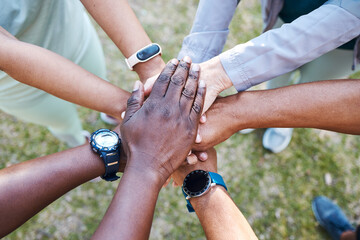 Hands stack, fitness friends and park for training, wellness and health with teamwork, diversity...