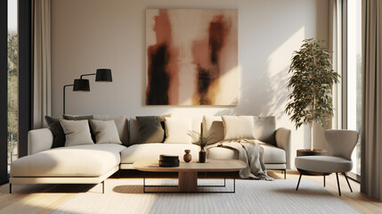 Stylish Living Room Interior with an Abstract Frame Poster, Modern Interior Design, 3D Render, 3D Illustration
