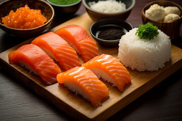 Sushi with salmon on the plate, Japanese food. AI Generated., Japanese food. AI Generated.