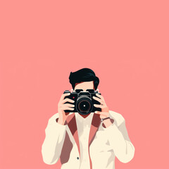 Flat design of young man with camera for shooting photo. Photograph day concept.