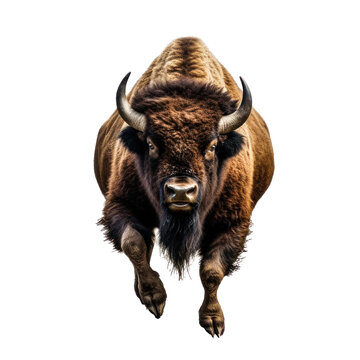 Close-up Portrait Of A Wild Buffalo, Bull, Attacks, Jumps Towards The Camera, Angry Animal Grin, Isolated