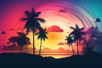 Fototapeta na wymiar Vibrant retro vintage style of sunset sky beach with sun and palm trees background banner.
