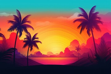 Fototapeta na wymiar Vibrant retro vintage style of sunset sky beach with sun and palm trees background banner.