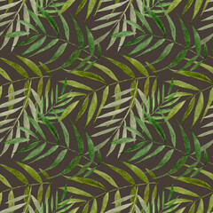 Watercolor summer pattern with palm leaves on dark background. Pattern for various summer products, wrapping paper etc.