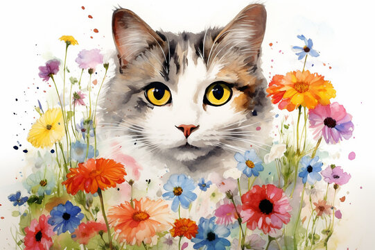 Watercolor painting of a cute cat in a colorful flower field. Ideal for art print, greeting card, springtime concepts etc. Made with generative AI.

