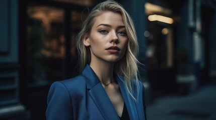 Obraz premium AI generated illustration of a blond woman wearing a stylish business suit on the city street