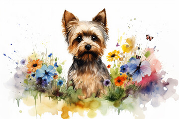 Watercolor painting of a cute yorkshire terrier in a colorful flower field. Ideal for art print, greeting card, springtime concepts etc. Made with generative AI.
