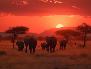 Fototapeta na wymiar African Elephant Family Sunset