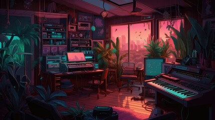 AI generated illustration of an inviting room featuring a grand piano and lush greenery