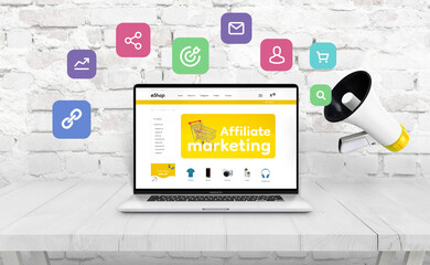 Ecommerce website offers affiliate marketing on laptop computer. Website design concept. Megaphone beside that throws out affiliate icons - obrazy, fototapety, plakaty