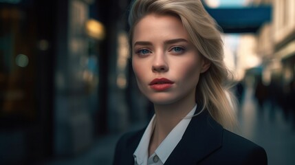 Naklejka premium AI generated illustration of a blond woman wearing a stylish business suit on the city street