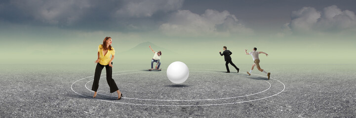 Different types of men running for woman to get her attention. Choosing partner for life....