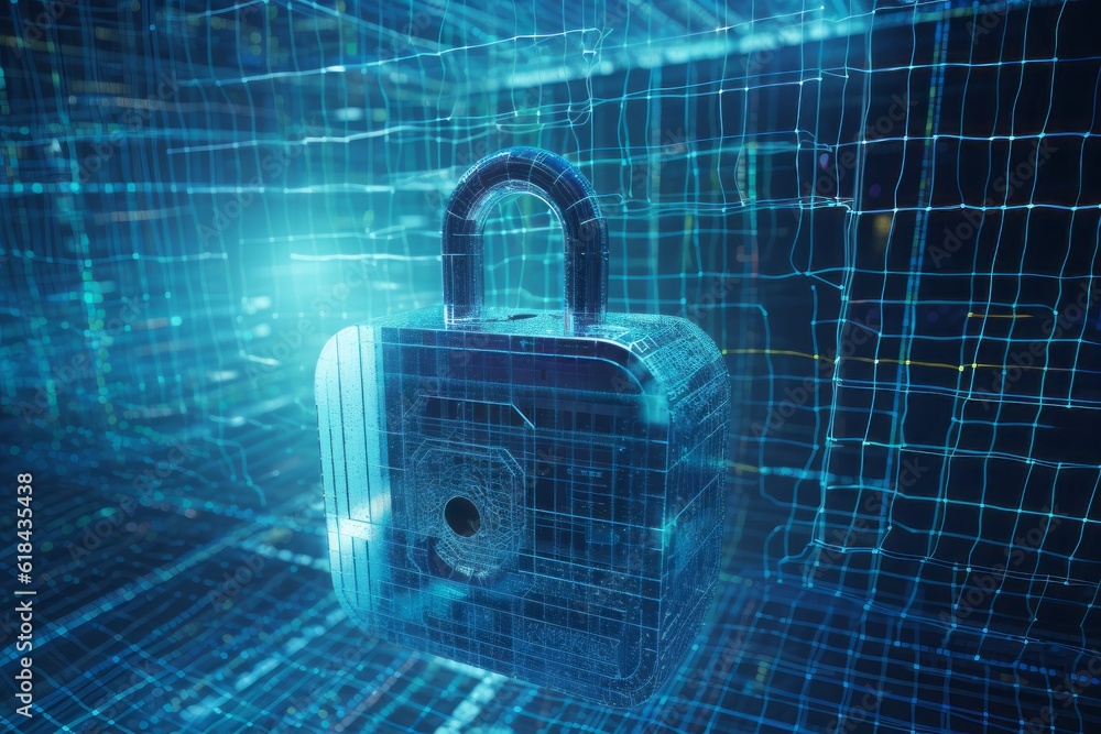 Poster binary code lock, Unlocking the Digital Fort: CGI Image of a Padlock Transformed into a Cryptic Circuitry Artwork, Evoking the Aesthetics of Cryptid Academia