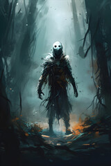 horror ghost creature scary spirit white skeleton skull mask in ghost forest full body digital brush painting portrait created with Generative AI technology