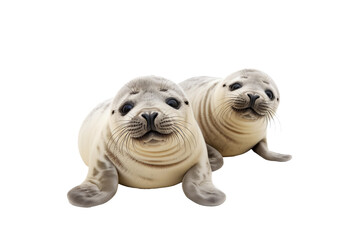 Two cute funny Common seals lying, looking at the camera isolated on white background with clipping path. PNG. Generative AI technology
