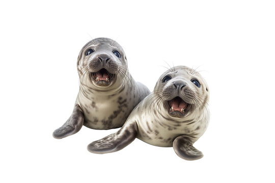 Two cute funny Common seals lying, looking at the camera isolated on white background with clipping path. PNG. Generative AI technology