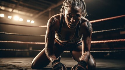 AI generated female boxer kneeling on ground in boxing ring - obrazy, fototapety, plakaty