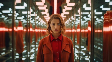 AI generated young female adult wearing orange clothes and looking at camera on glass background