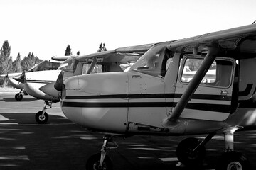 Fototapeta na wymiar Grayscale of airplanes parked side by side on a paved runway.
