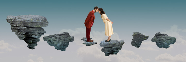 Opposite opinion in relationship. Man and woman standing on rock head to head and arguing. Contemporary art collage. Concept of surrealism, futurism, creativity, imagination, fantasy, ad