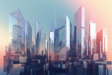 Modern abstract city skyline: Vibrant and High-Energy Imagery of Modern Buildings in Architectural Blueprint Style, Showcasing Thin Steel Forms and Contemporary Glass Facades