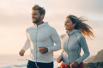 Cheerful European lady and man enjoying active lifestyle and training on ocean beach, having break and posing . Generative AI